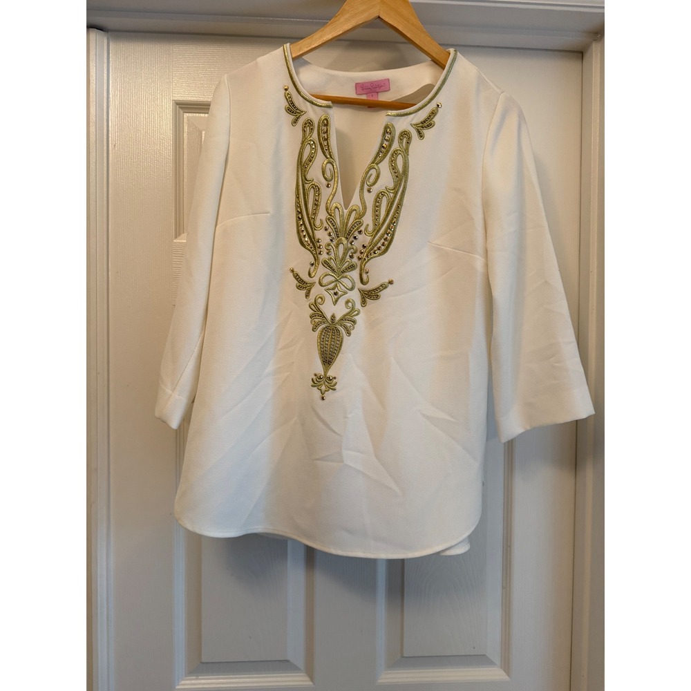 Lilly Pulitzer Tunic Women 4 White Gold Embroidered Studded Split V-Neck Blouse